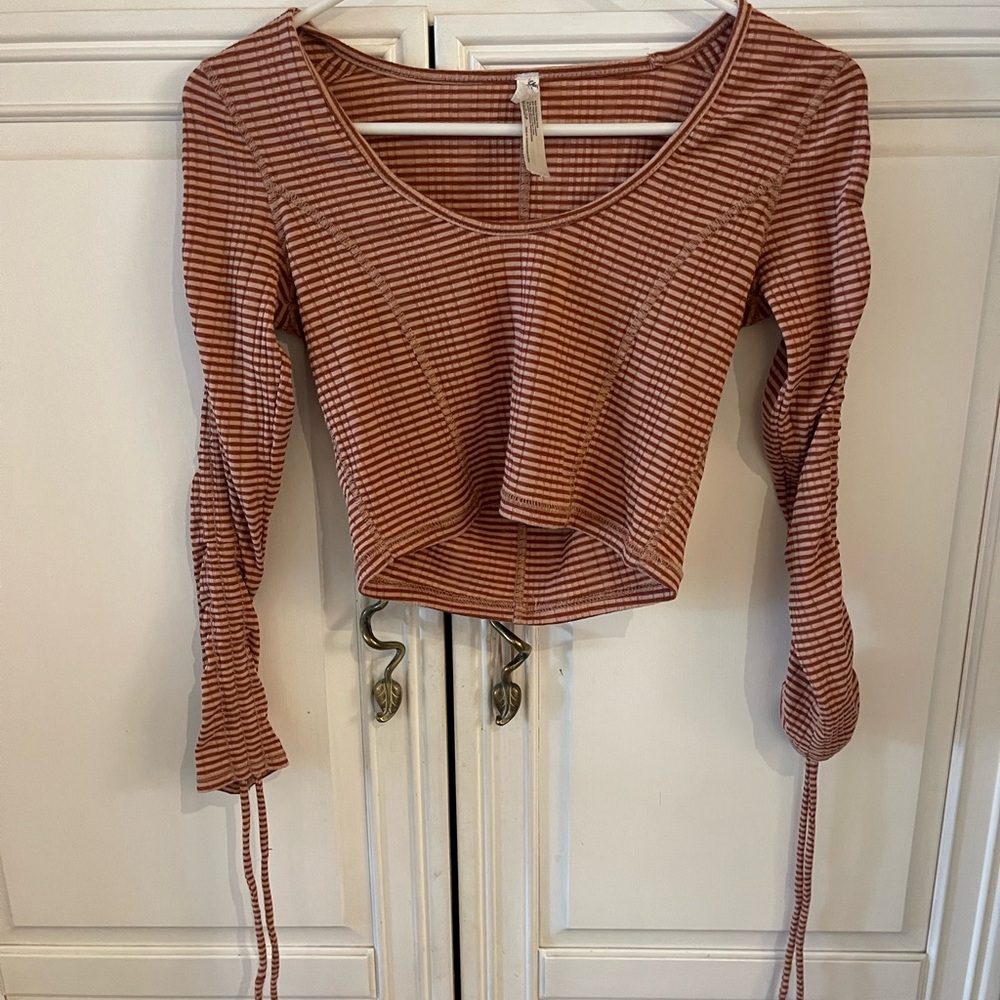 SIZE XS Free People Striped Long Sleeve Crop Top with Tie Sleeves